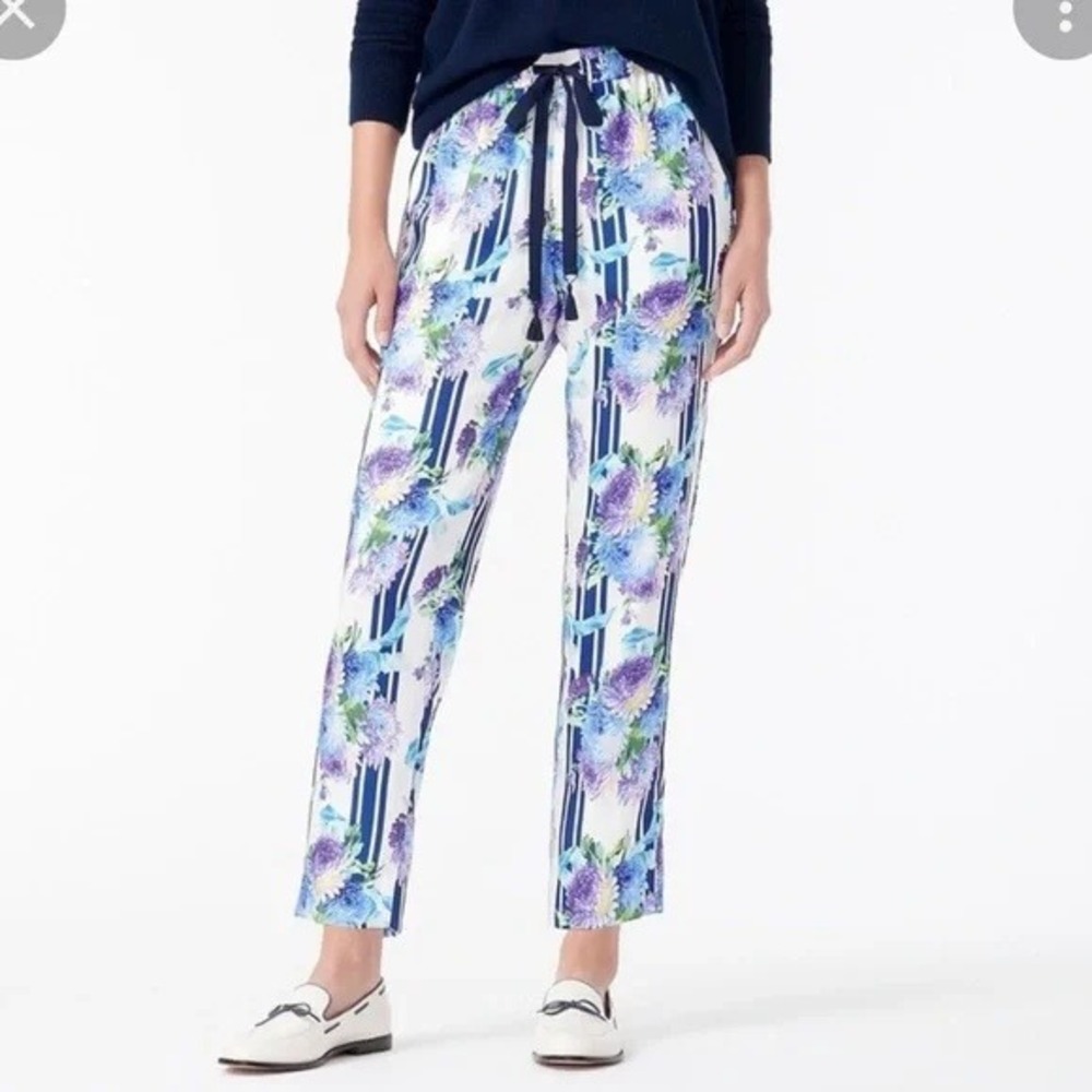 J Crew Drapey Pull‎ On Pants Womens 2 Ivory Blue Floral Stripe